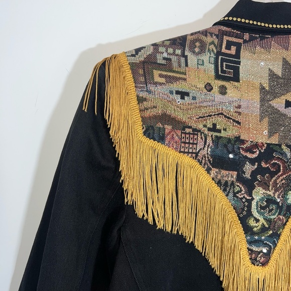 CACHE VINTAGE western Black and Gold Fringed Women's Jacket small - Picture 3 of 16